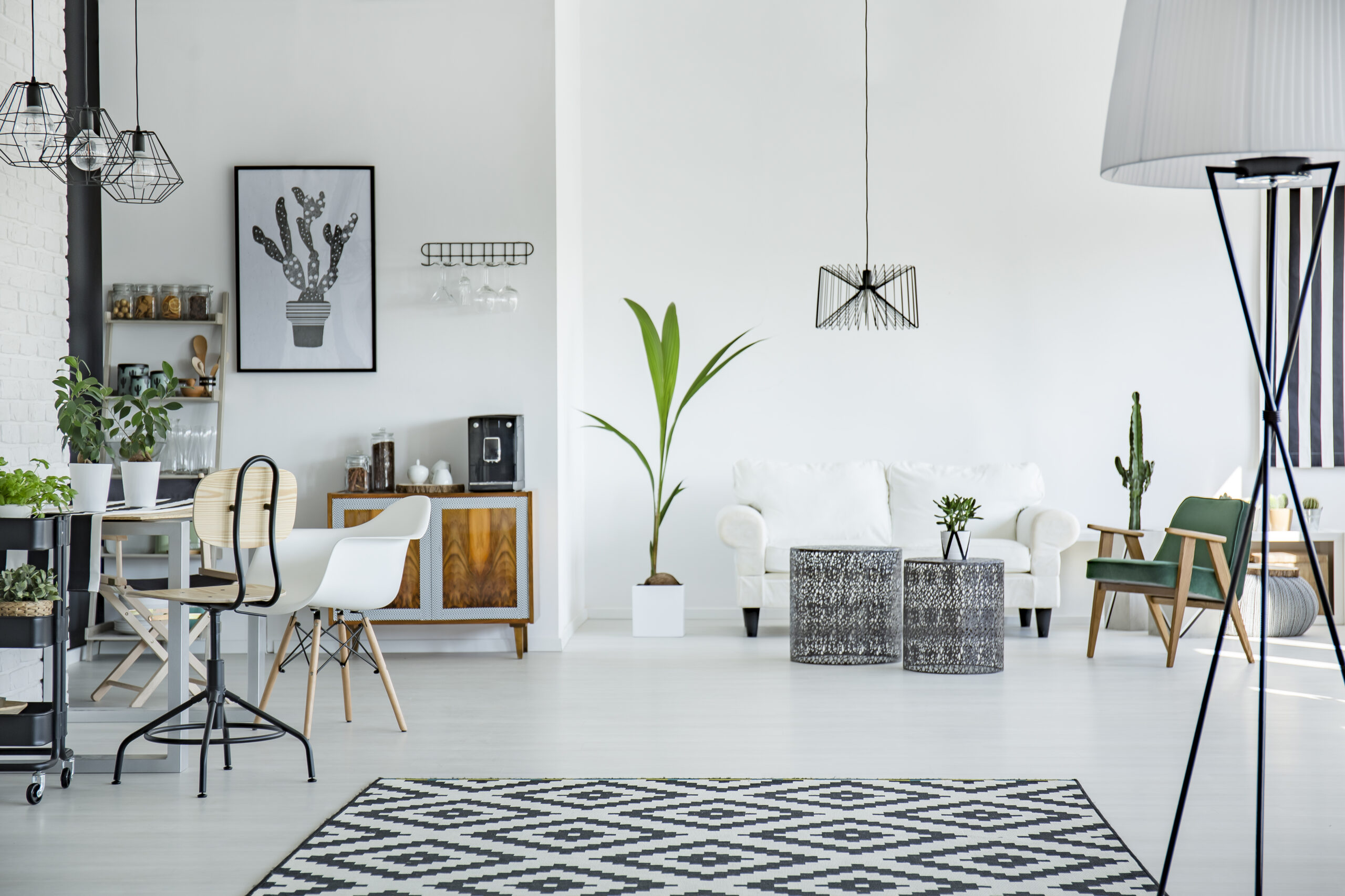 White loft interior in scandinavian style with pattern carpet